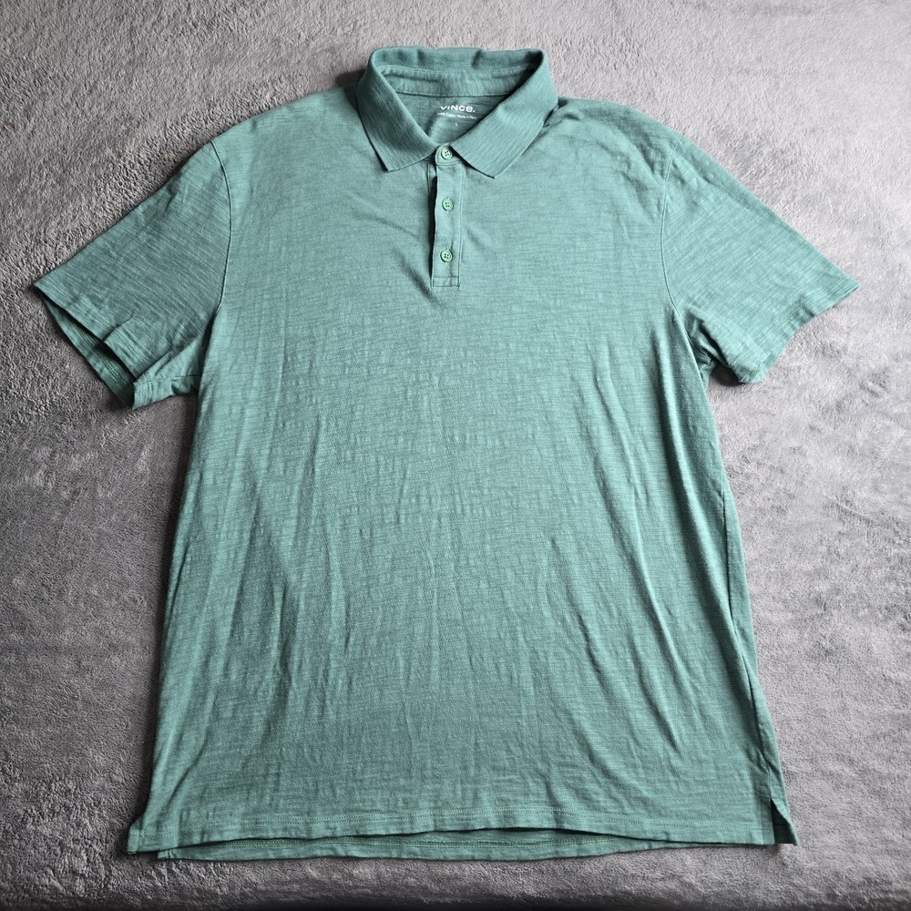 Vince Classic Slub Polo Mens Large Green Textured Short Sleeve 3 Button